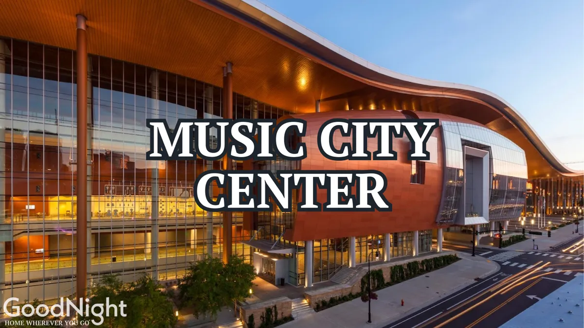 The image captures the iconic Music City Center building with its modern architecture and surrounding greenery, set against a clear sky and urban roadway. The scene is inviting and energetic, positioning the Music City Center as a hub of cultural activity in downtown Nashville.