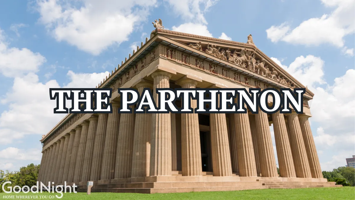 This image showcases the impressive exterior of The Parthenon—complete with its detailed sculptures, massive columns, and surrounding open space. The shot exudes a sense of awe and history, inviting viewers to imagine picnicking and playing in Centennial Park.