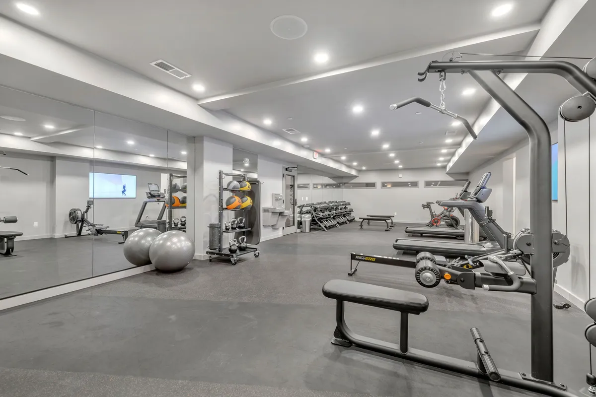 This interior image features a state-of-the-art gym equipped with exercise machines, mirrors, fitness balls, and a weights rack. The gym is bright and energetic, designed for solo or group workouts.
